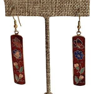 Vintage Red Enamel Butterfly Flower Earrings Cloisonné Style Long Dangle Pierced